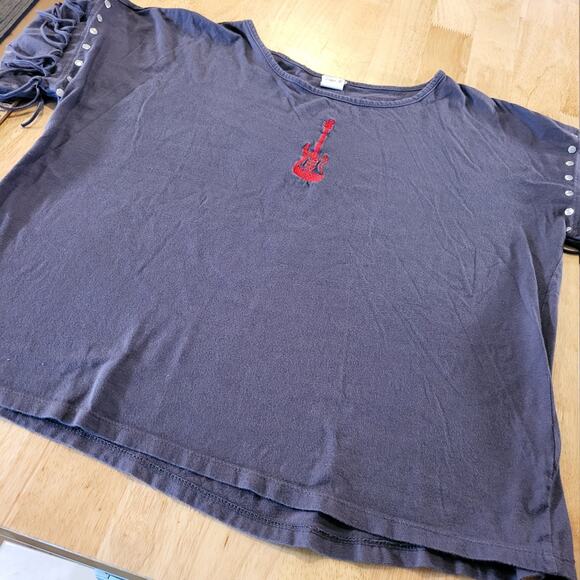 VibeN' Rock & Roll T-shirt Fringe Gray Short Sleeve Cropped Studded M - Picture 2 of 11